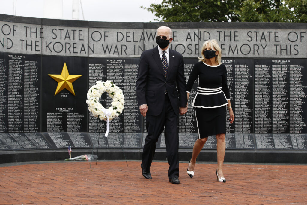 Democratic presidential candidate, former Vice President Joe Biden and Jill Biden depart after placing a wreath at the Delaware Memorial Bridge Veterans Memorial Park, Monday, May 25, 2020, in New Castle, Del. (AP Photo/Patrick Semansky)