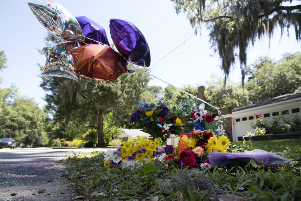 AP_ahmaud_arbery_memorial_051020 A memorial at the spot where Ahmaud Arbery was shot and killed in Brunswick, Ga.