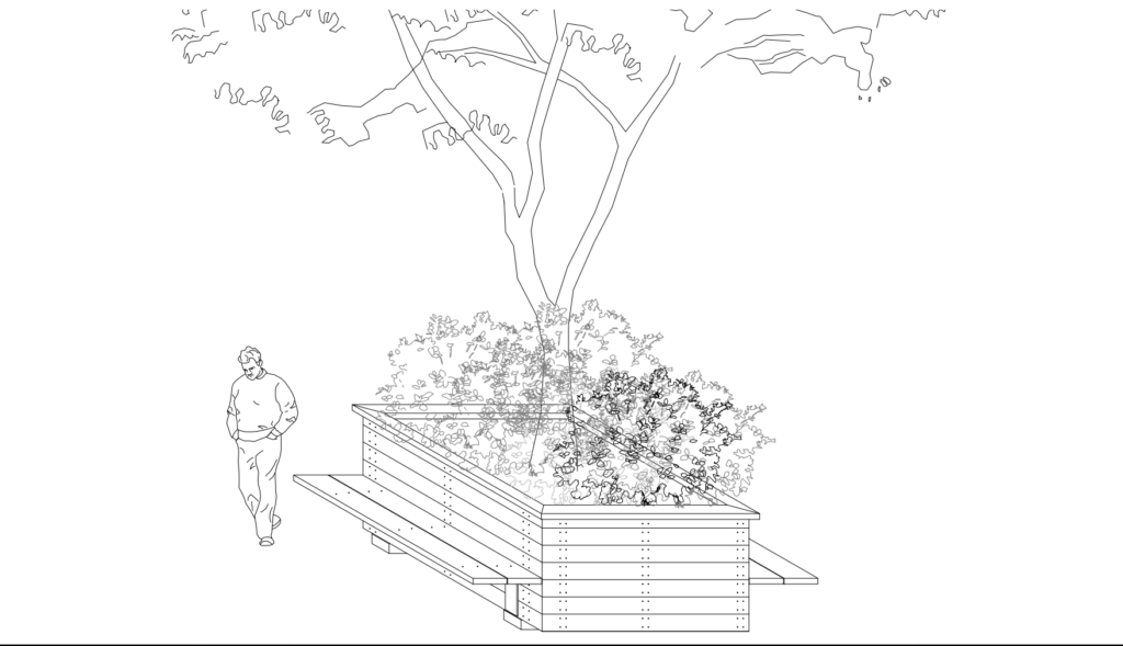 Community Design Collaborative drawing of outdoor space for socially distanced use An artist's rendering of a site redesign by Community Design Collaborative’s Design SWAT team. (Courtesy of Community Design Collaborative)