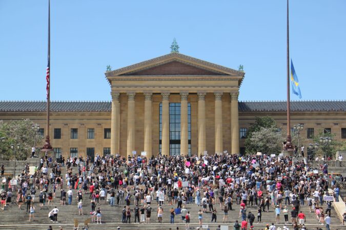 Protesters gather on the steps of the Philadelphia Museum of Art for speeches and chants during a Black Lives Matter protest prompted by the death of George Floyd at the hands of Minneapolis police. (Emma Lee/WHYY)