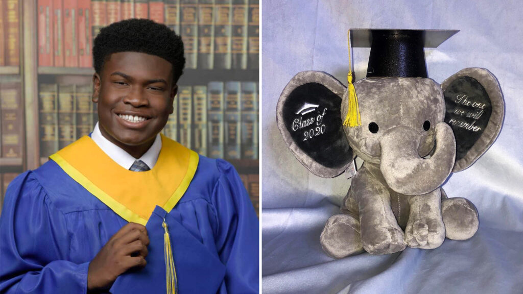 Graduating high school senior Jared Barnes; the 'Class of 2020' stuffed elephant his mom made for several students. (Facebook)