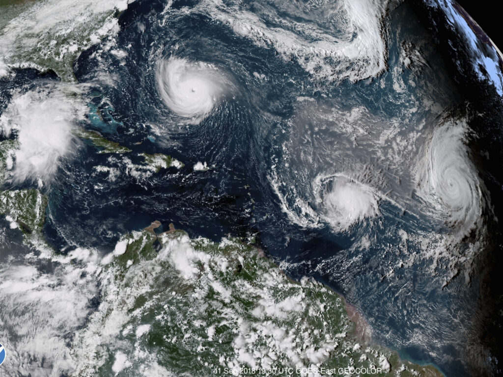 Three hurricanes form in the Atlantic in September 2018. Forecasters predict three to six major hurricanes during the 2020 season, which is above average. Three hurricanes form in the Atlantic in September 2018. Forecasters predict three to six major hurricanes during the 2020 season, which is above average. (NOAA via AP)
