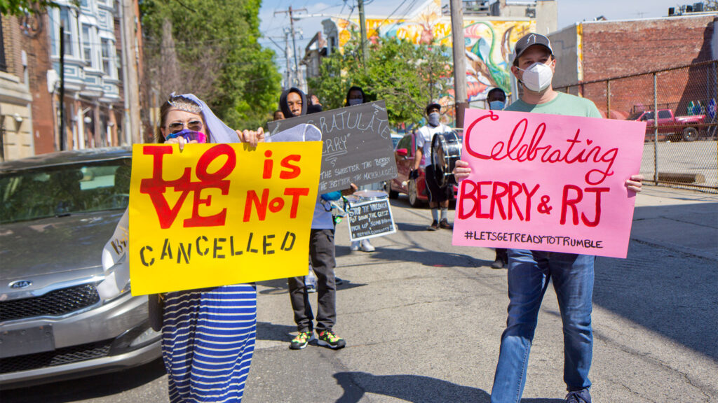 Lacey Woodrow hired the Positive Movement drumline to march down her sister, Berry’s, street in South Philadelphia Friday, the day she had planned to be married. (Kimberly Paynter/WHYY)