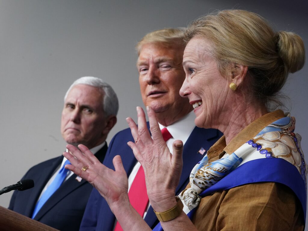 L-R: Vice President Mike Pence, President Trump and Coronavirus Task Force Coordinator Dr. Deborah Birx speak during a briefing at the White House last month. Coronavirus Task Force