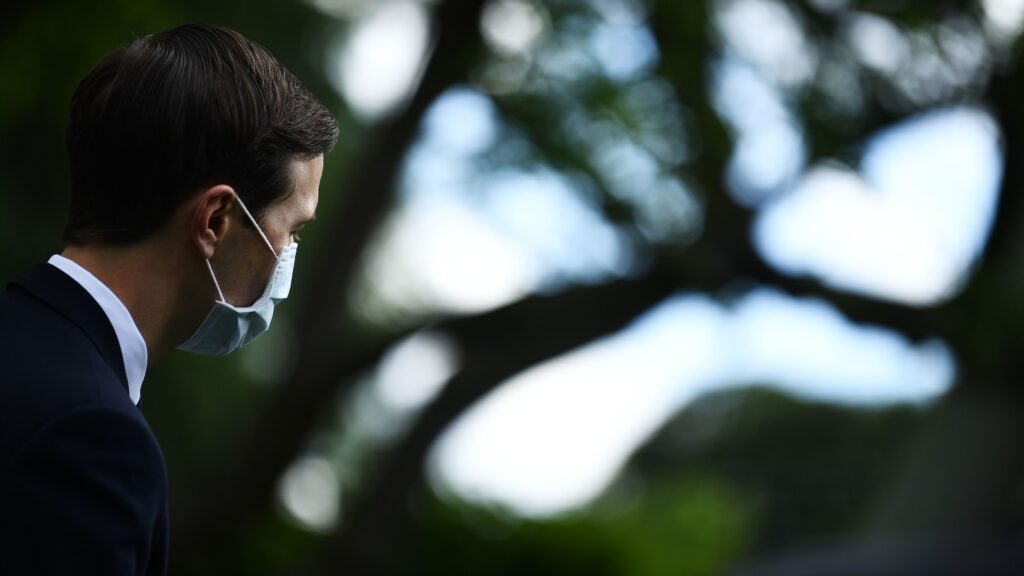 Jared Kushner, President Trump’s son-in-law and senior adviser, wears a face mask as Trump holds a news conference Monday in the Rose Garden. Jared Kushner
