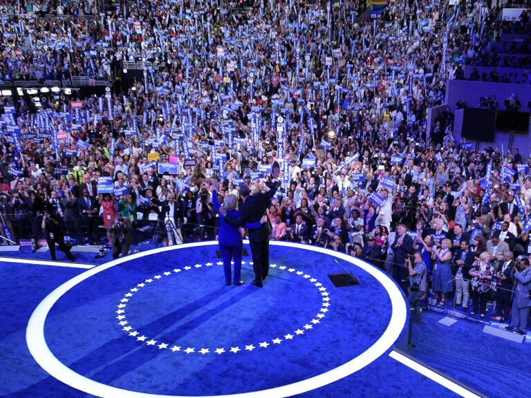 Hillary Clinton embraces President Obama after his address to the Democratic National Convention in Philadelphia in 2016. (Brendan Smialowski/AFP via Getty Images)