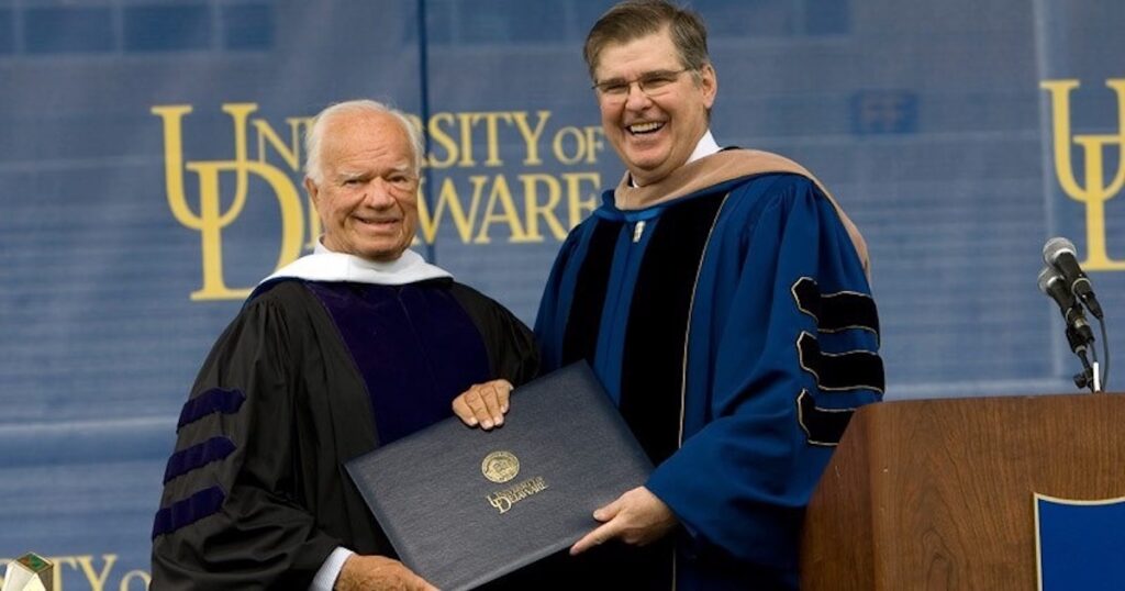 2020 05 19-provided-wayne craven Wayne Craven (left) received an honorary Doctor of Humane Letters degree from Board of Trustees Chair Howard Cosgrove at University of Delaware's 2008 commencement ceremony. The citation called Dr. Craven a 'champion of American art' and a 'fluent and graceful teacher.' (University of Delaware)