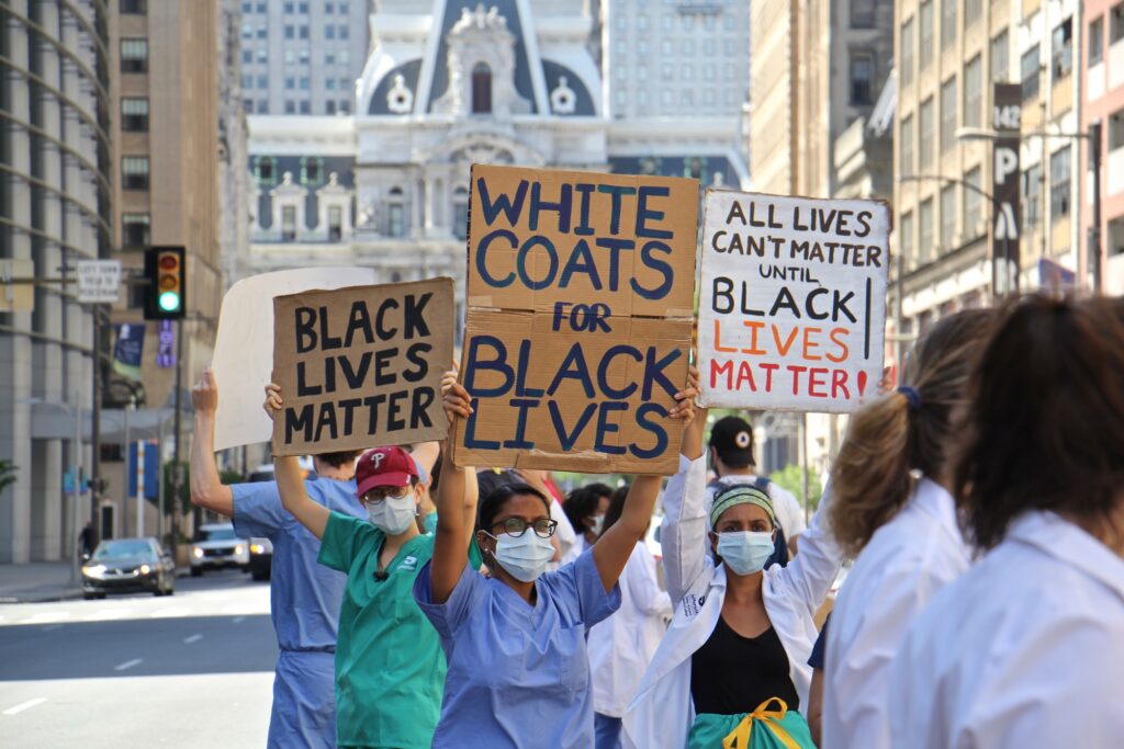 2020 06 07-e lee-philadelphia hahnemann hospital-rally for equal healthcare Protesters in scrubs and lab coats