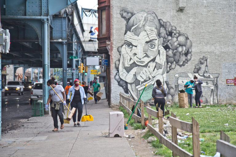 Volunteers with New Kensington CDC clean up in Kensington on June 1, 2020. (Kimberly Paynter/WHYY)
