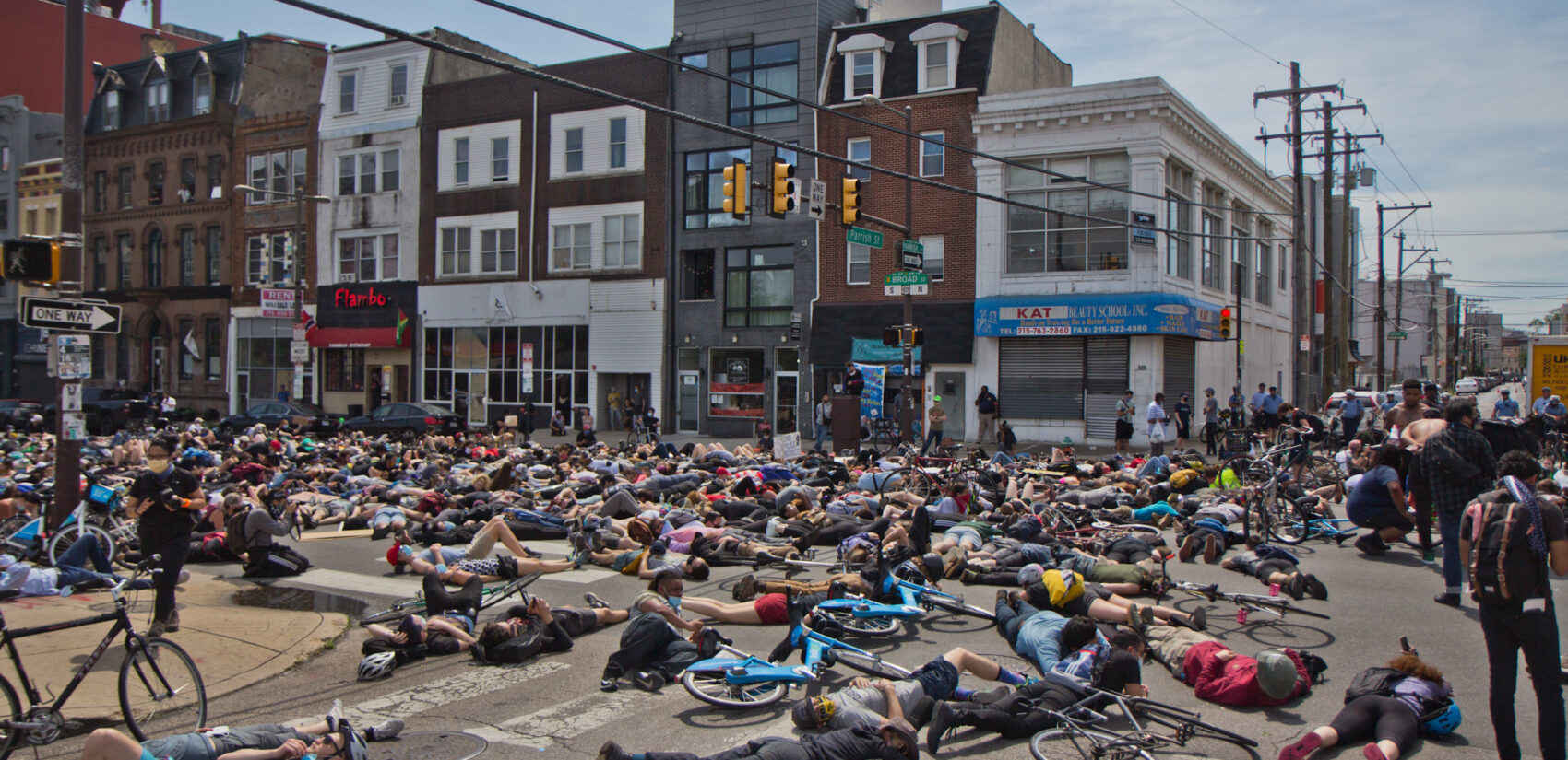 Protesters lie down on the North section of Broad Street