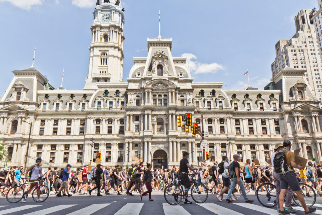 2020 6 4 k paynter protests day 6-5 Protesters marched by Philadelphia’s City Hall Thursday in ongoing efforts to get officials to address police brutality against Black people. (Kimberly Paynter/WHYY)