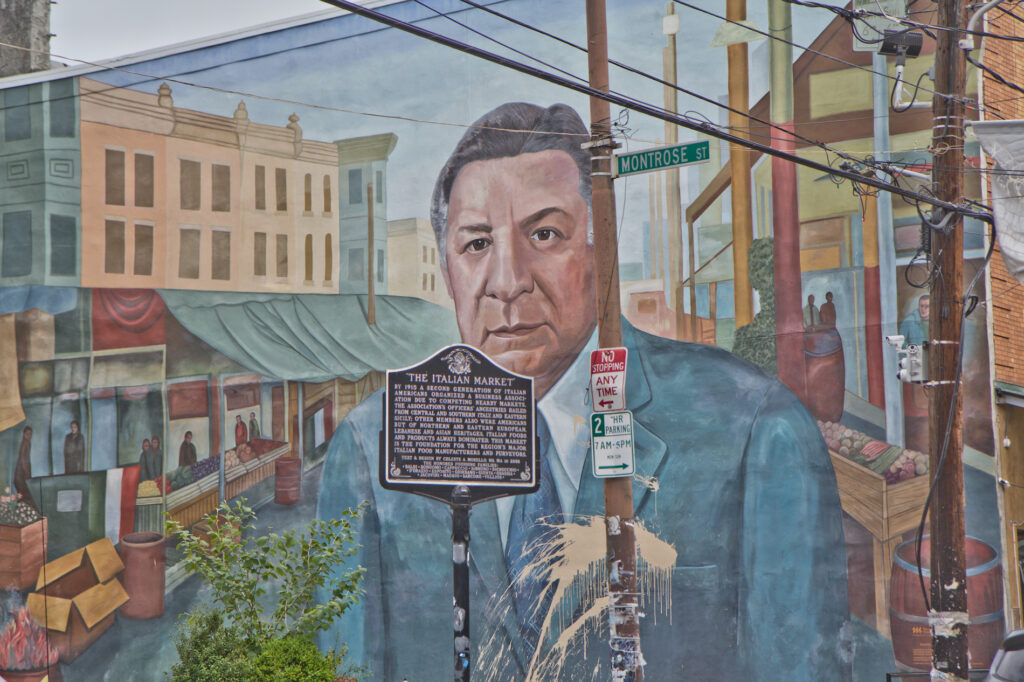 The mural of former Philly Mayor Frank Rizzo in Philadelphia’s Italian Market is set to be painted over. (Kimberly Paynter/WHYY)