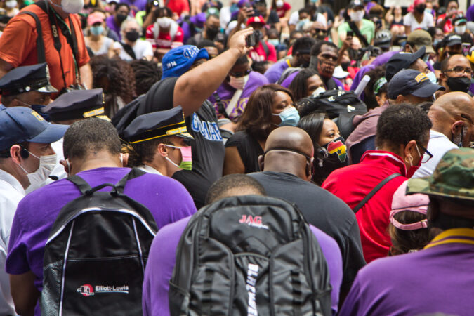 Philadelphia Police Commissioner Danielle Outlaw joined protesters at City Hall taking a knee in remembrance of George Floyd, who died at the hands of police in Minneapolis. (Kimberly Paynter/WHYY)
