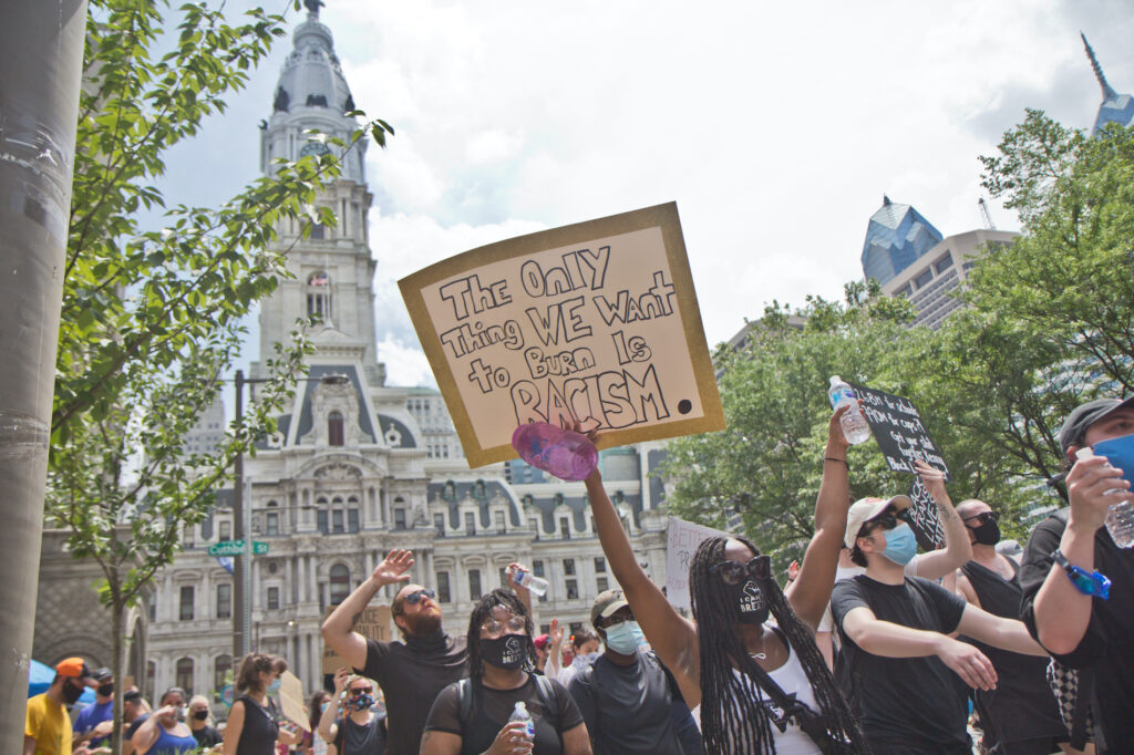 2020 6 6 k paynter saturday protests-7 Protesters marched through Center City Philadelphia from the Art Museum and back Saturday, in a mass demonstration that called for police reform in the city and the country. (Kimberly Paynter/WHYY)
