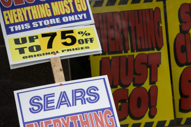 'Store Closing' signs outside of a Sears retail store location in Livingston, New Jersey, on March 23, 2020. (Photo by Kristoffer Tripplaar/Sipa USA)(Sipa via AP Images)
