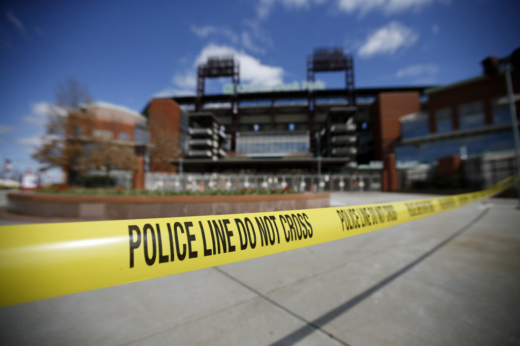 Virus Outbreak Opening Day Photo Gallery Police tape blocks an entrance to Citizens Bank Park, home of the Philadelphia Phillies baseball team, Tuesday, March 24, 2020, in Philadelphia. (AP Photo/Matt Slocum)