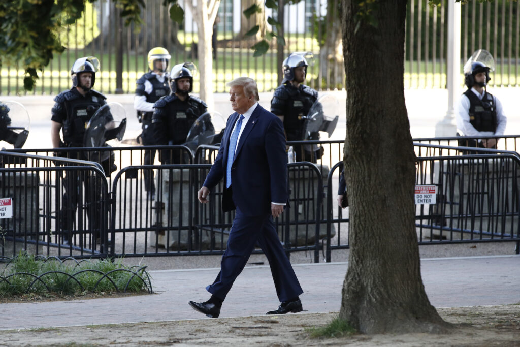 Donald Trump President Donald Trump walks in Lafayette Park to visit outside St. John's Church across from the White House Monday, June 1, 2020, in Washington. Part of the church was set on fire during protests on Sunday night. (AP Photo/Patrick Semansky)