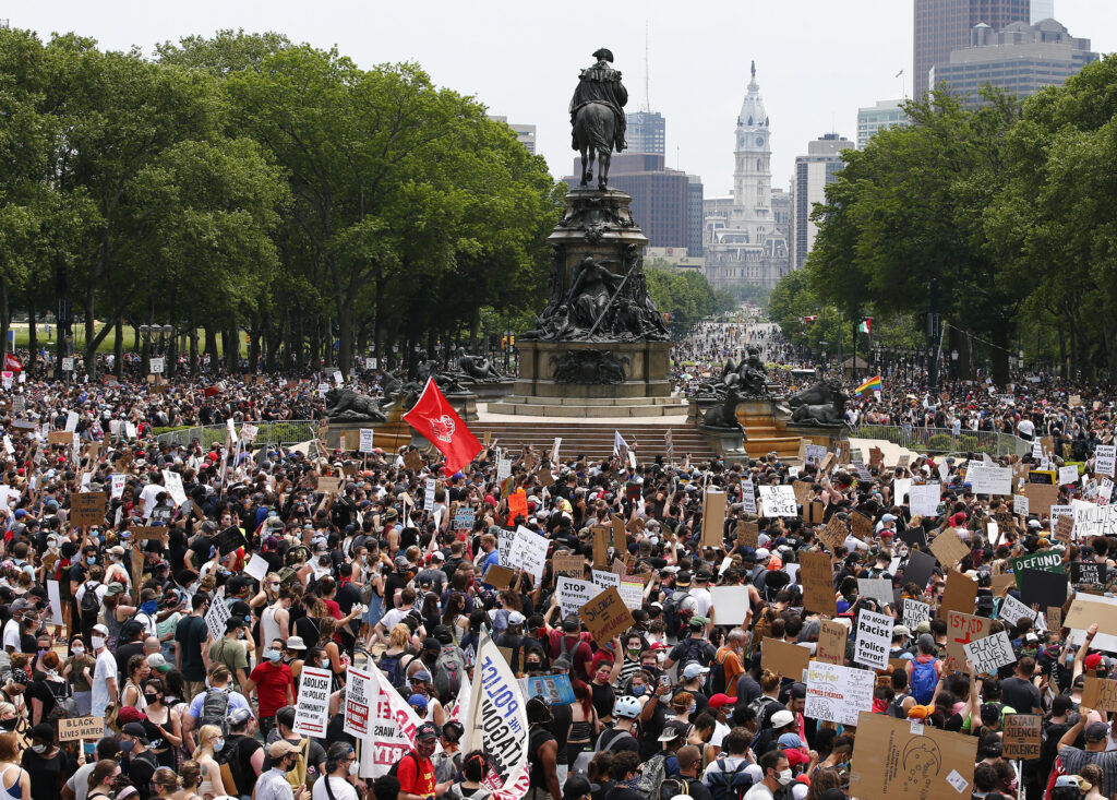 America Protests Philadelphia Demonstrators march to City Hall during a protest, Saturday, June 6, 2020 in Philadelphia over the death of George Floyd, a black man who was in police custody in Minneapolis. Floyd died after being restrained by Minneapolis police officers on May 25. (Yong Kim/The Philadelphia Inquirer via AP)