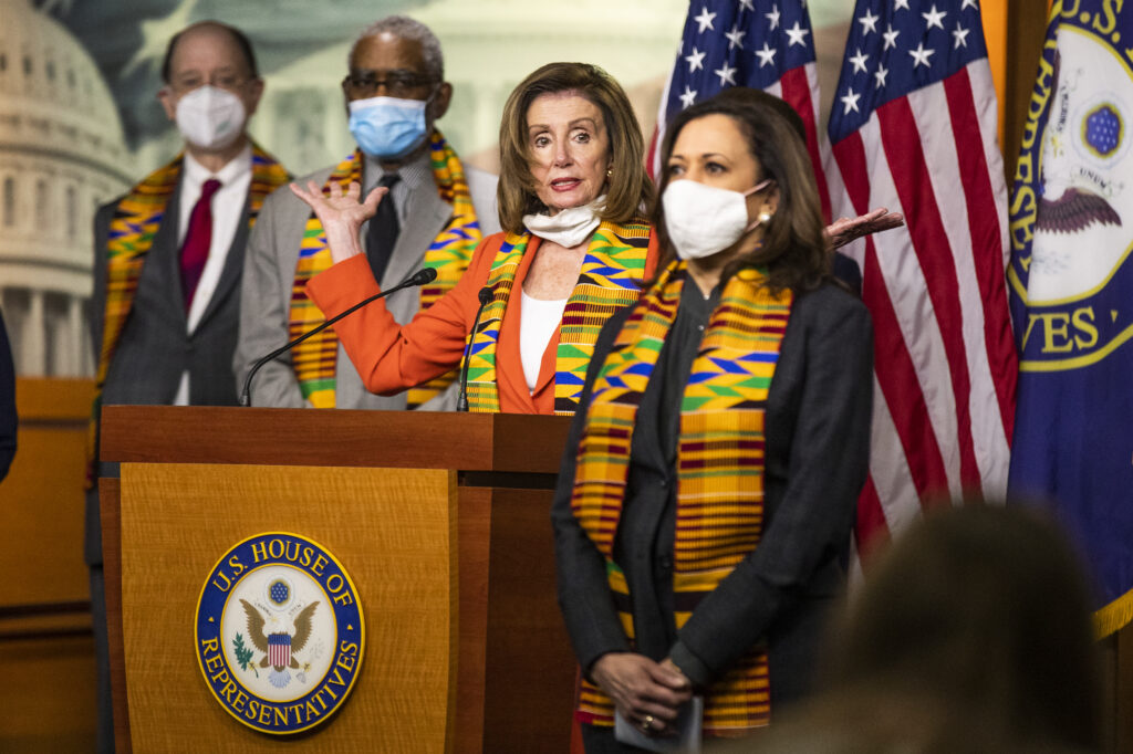House Speaker Nancy Pelosi of Calif., with Sen. Kamala Harris, D-Calif., and other Congressional Democrats, speaks during a news conference to unveil policing reform and equal justice legislation on Capitol Hill, Monday, June 8, 2020, in Washington. (AP Photo/Manuel Balce Ceneta)