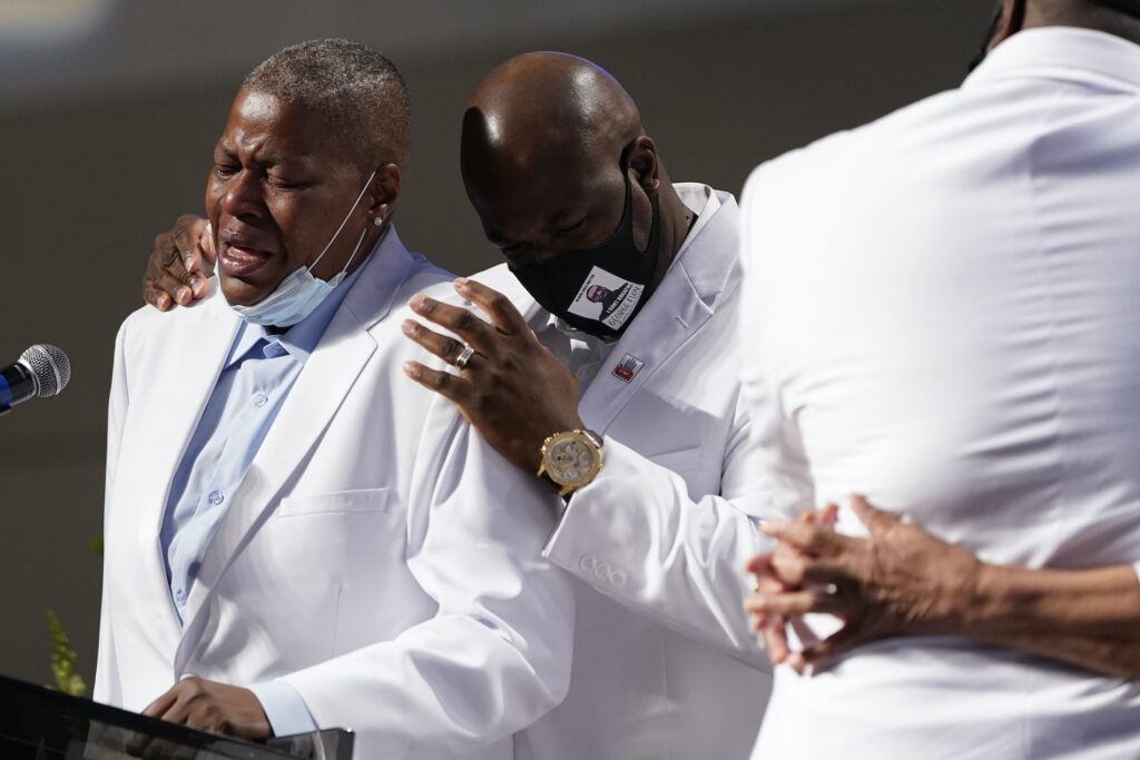 APTOPIX George Floyd Funeral LaTonya Floyd speaks during the funeral service for her brother George Floyd at The Fountain of Praise church Tuesday, June 9, 2020, in Houston. (AP Photo/David J. Phillip, Pool)