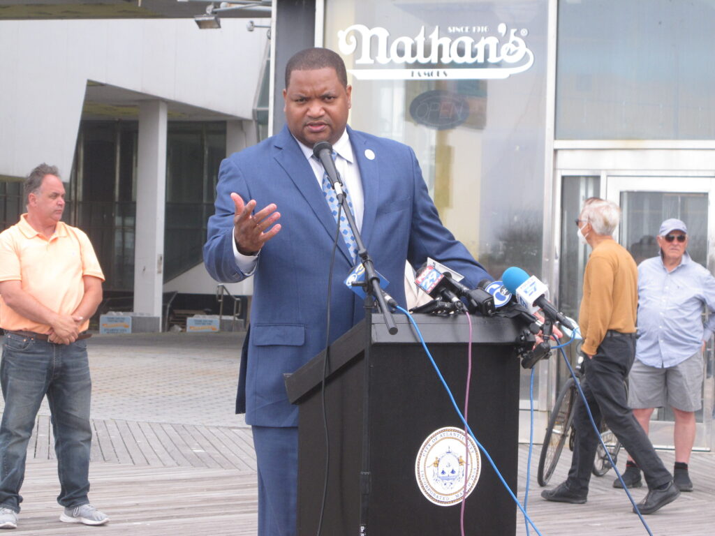 Trump Plaza Demolition Atlantic City Mayor Marty Small speaks at a press conference, where he announced that billionaire investor Carl Icahn has filed plans to demolish the former Trump Plaza casino, in Atlantic City, N.J., Thursday, June 11, 2020, where pieces of the building have broken loose and crashed to the ground. (AP Photo/Wayne Parry)