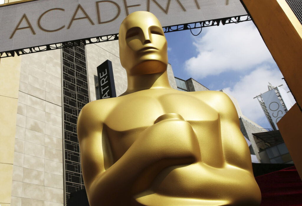 Academy Awards A close-up of an Oscar statue outside of the Dolby Theatre is shown.