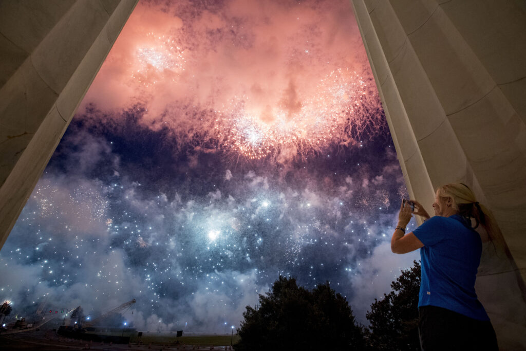 Fireworks seen from the Lincoln Memorial explode over the Potomac River for Independence Day, Thursday, July 4, 2019, in Washington. (AP Photo/Andrew Harnik)