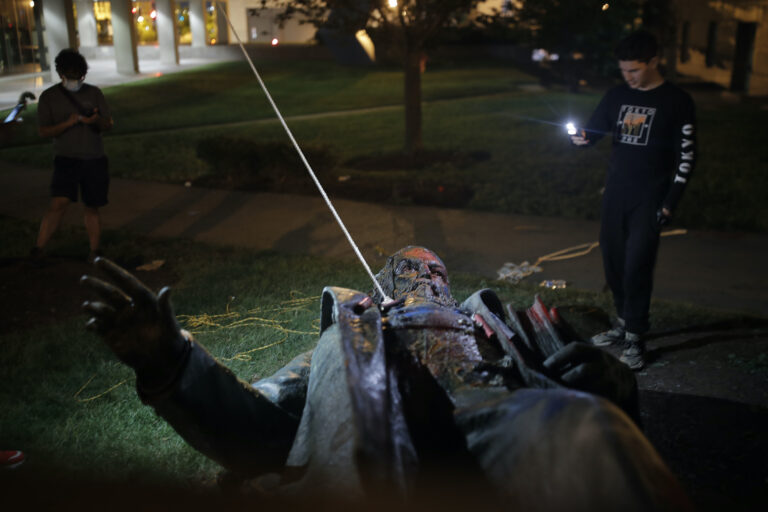 Statue of Confederate general toppled, set on fire