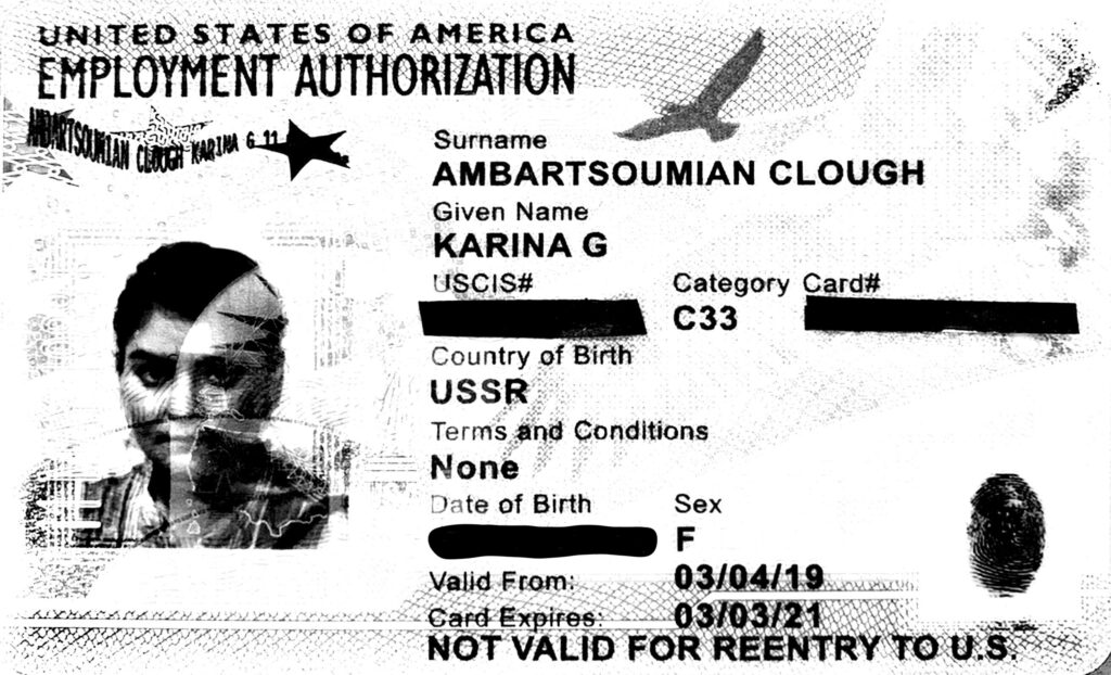 Karina employment card Karina Gareginovna Ambartsoumian-Clough's employment card. (Courtesy of Karina Gareginovna Ambartsoumian-Clough)