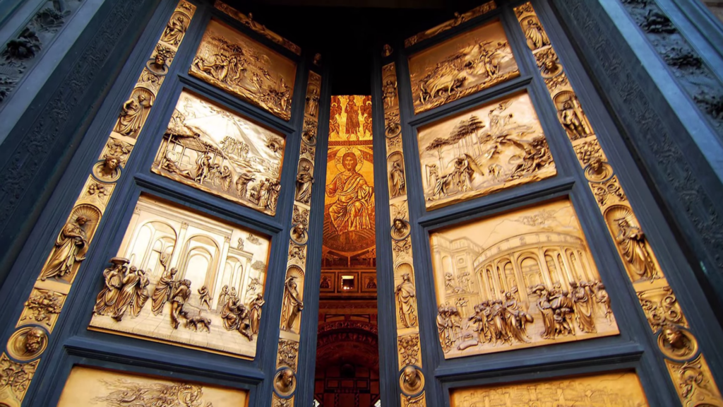 WHYY Learning Shorts_ Krauss House of Art ep. 3 1-21 screenshot gold plated church doors by Renascence artist Lorenzo Ghiberti