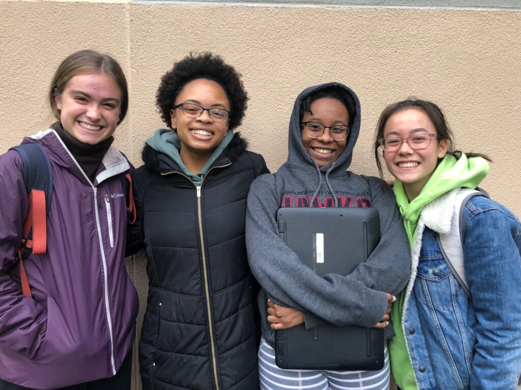 Winning Team! (1) (Left to right) Julia R. Masterman School rising seniors Aden Gonzales, Nia Weeks, Tatiana Bennett, and Taryn Flaherty en route to turn in their historical marker application. December 2019. (Photo courtesy of Aden Gonzales)