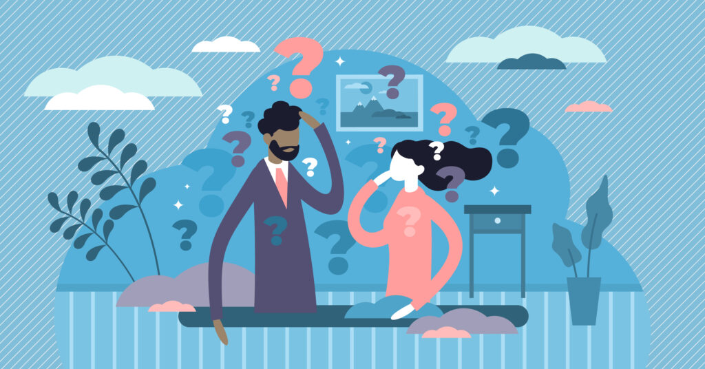 Thinking Couple Vector Illustration. Life Confusion In Flat Tiny Big Stock