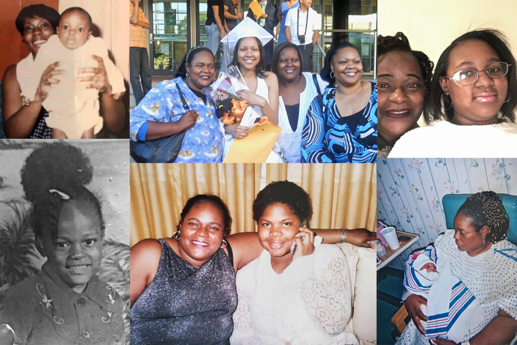 falneshia adams collage (Counterclockwise from top left) Falneshia Adams in her mother's arms; Falneshia at age 5; Falneshia (left) with her niece, Heather Robinson; Falneshia cradles her infant daughter, E'neshia Hill; Falneshia and E'neshia, now age 10; and Falneshia (left) attends the graduation of her niece, Ashley Wyatt, with sisters Shani Adams Nicolas and Sonya Robinson. (Courtesy of Shani Adams Nicolas)