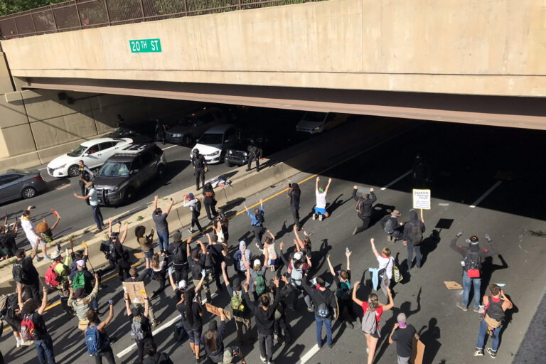 Protesters face off with police during a demonstration on I-676 in Philadelphia on Monday, June 1 (Courtesy of Pilar Goñalons Pons)