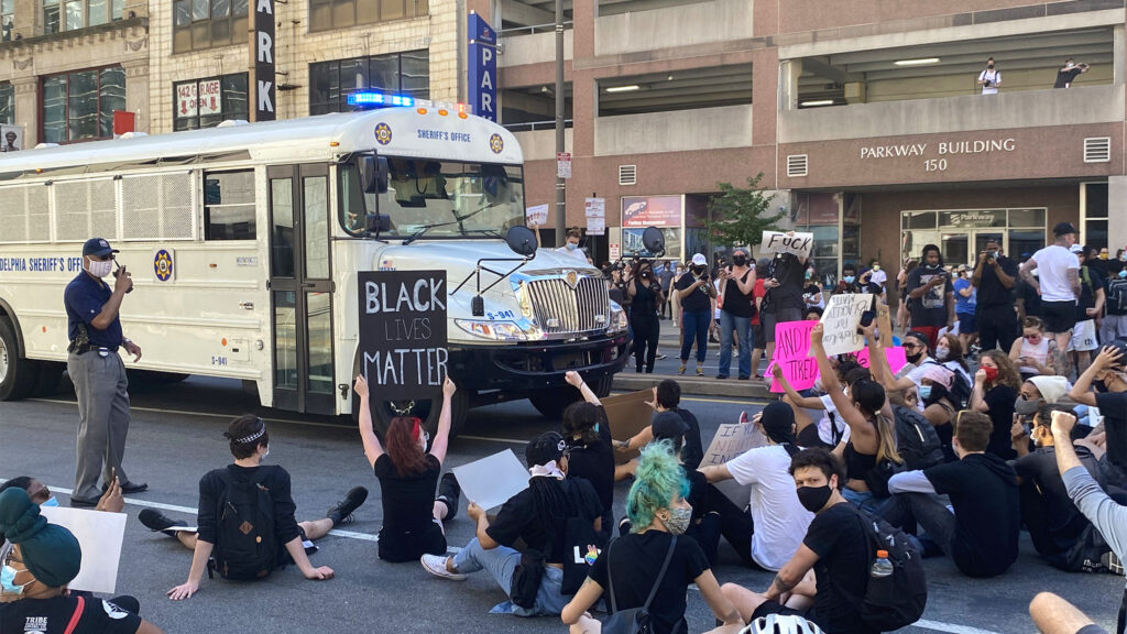 floydprotests-doctor-blockingbus-crop Protesters block the passage of a prisoner transport bus in Philadelphia on May 30, 2020 PROVIDED BY AUTHOR