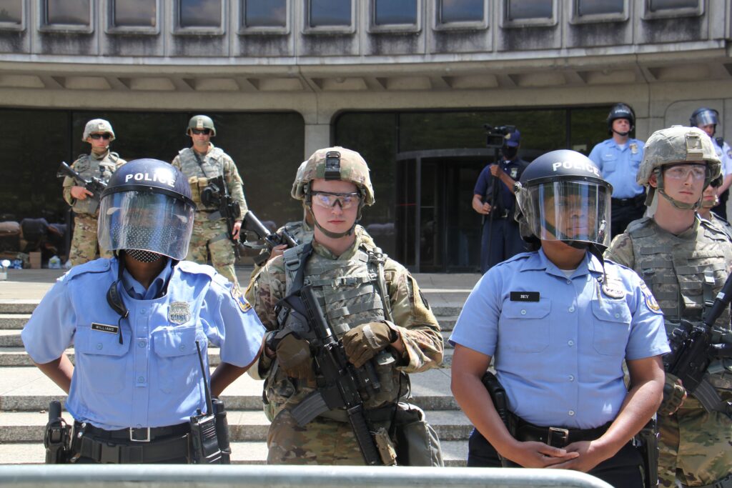 george_floyd_protest_philly_emma_lee_060720_06 File - National guard troops help protect Philadelphia police headquarters during a series of protests aimed at police brutality. (Emma Lee/WHYY)