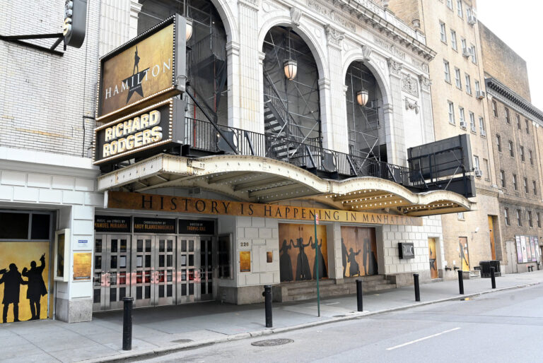 The Richard Rodgers Theater, closed due to the coronavirus, is pictured above on April 8 in New York City.