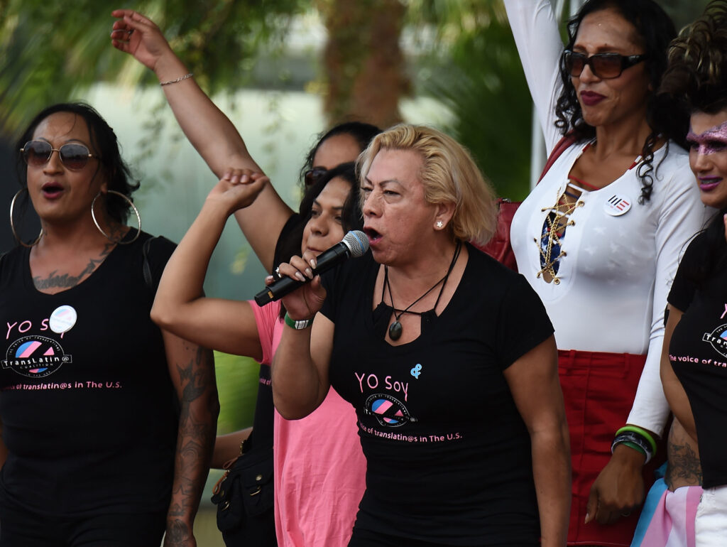 Bamby Salcedo, speaking here at a Hollywood rally on behalf of LGBTQ rights in 2017, is among the plaintiffs in a lawsuit filed Monday to keep Obama-era civil rights protections in place. “Everyone deserves easy access to health care,” Salcedo says, “and health care that is respectful of who we are.” Bamby Salcedo