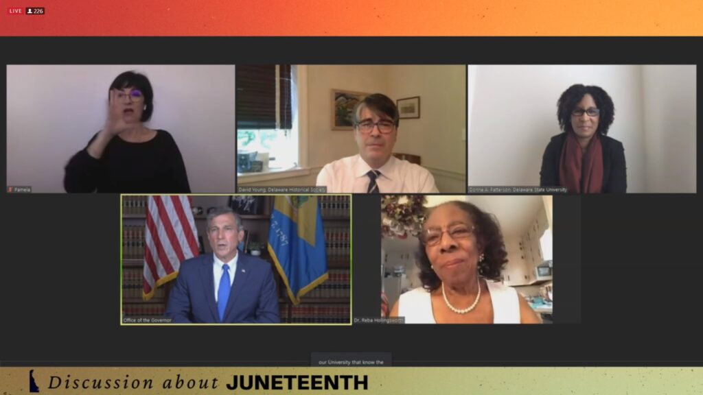 juneteenth2 Gov. John Carney hosted an online conversation about Juneteenth with some of the state's black history leaders. (Mark Eichmann/WHYY)