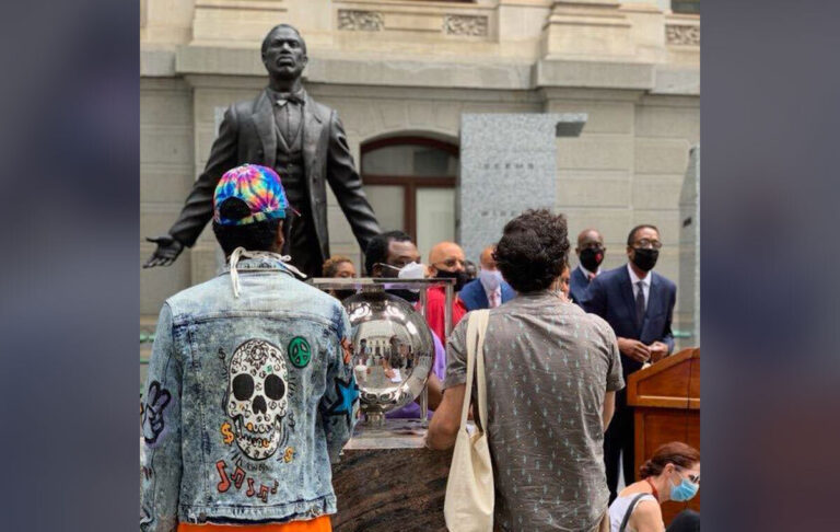 City Council Darrell Clarke  introduces Council's budget proposal in front of a statue of Octavius Catto outside of City Hall. (Courtesy of Jessica Garz)