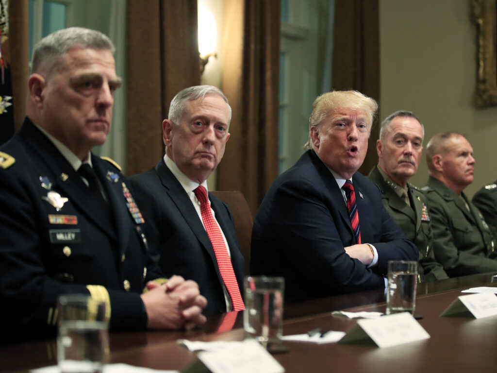 President Donald Trump in October 2018 with, from left, Army Chief of Staff Gen. Mark Milley, Defense Secretary Jim Mattis, Chairman of the Joint Chiefs of Staff Gen. Joseph Dunford and Marine Corps Commandant Gen. Robert Neller. President Donald Trump in October 2018 with, from left, Army Chief of Staff Gen. Mark Milley, Defense Secretary Jim Mattis, Chairman of the Joint Chiefs of Staff Gen. Joseph Dunford and Marine Corps Commandant Gen. Robert Neller.