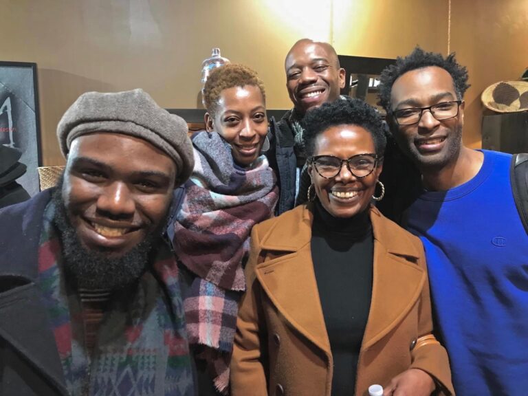 Momo St. Clair (left) and the cast of 'Mr. DuBois: A Myth' (from left) Niya Colbert, Eric Carter, Nancy Gilliam and Richard Bradford, prepare for a dramatic reading of the play on Facebook Live. (Courtesy of Momo St. Clair)