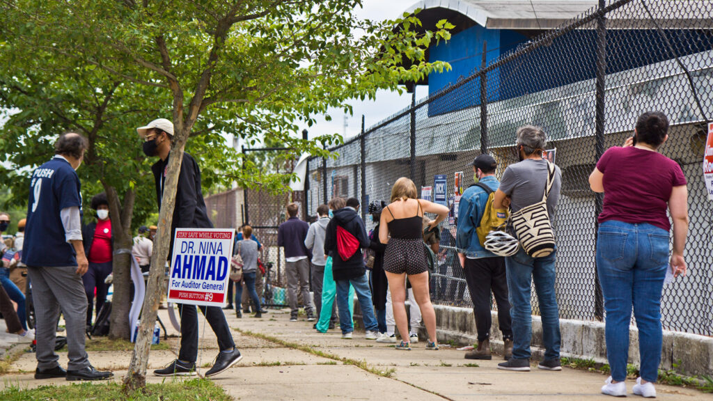 phillyvoters-primaryelection-pollingplace-crop Voters wait in line outside a polling place in Philadelphia.