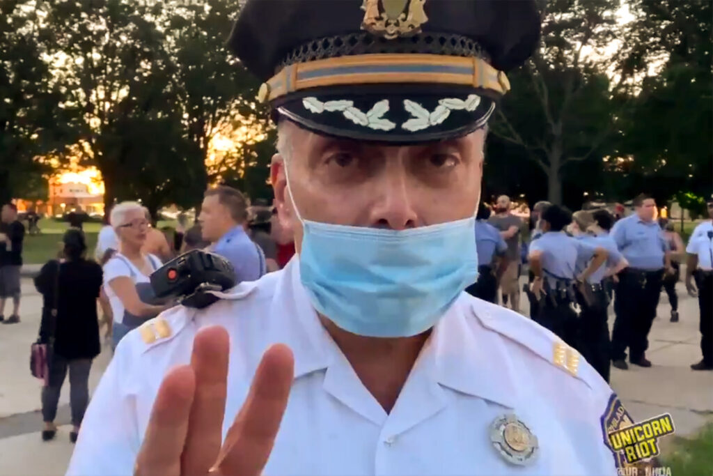policecaptain-campione-marconiplaza-columbus PPD Capt. Louis Campione during the standoff at Marconi Plaza on Saturday (Twitter/@UR_Ninja)