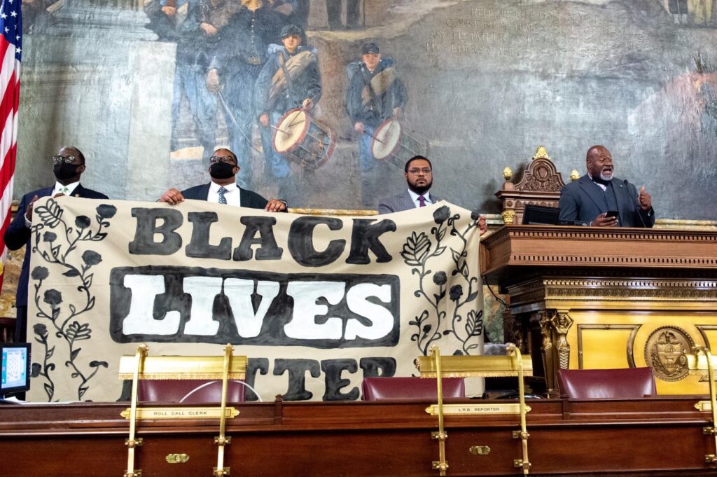 2020 07 06-provided-pa house-black legislative caucus black lives matter Lawmakers with the Legislative Black Caucus stage a protest on the Pennsylvania House floor to demand action on bills addressing police violence and brutality, Monday, June 8, 2020. (PA House Dems)