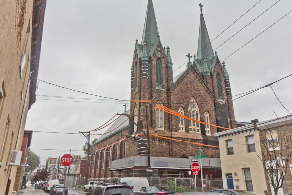 2020 7 10 k paynter st. laurentius The streets around St. Laurentius Church are blocked due to falling debris and slated demolition. (Kimberly Paynter/WHYY)