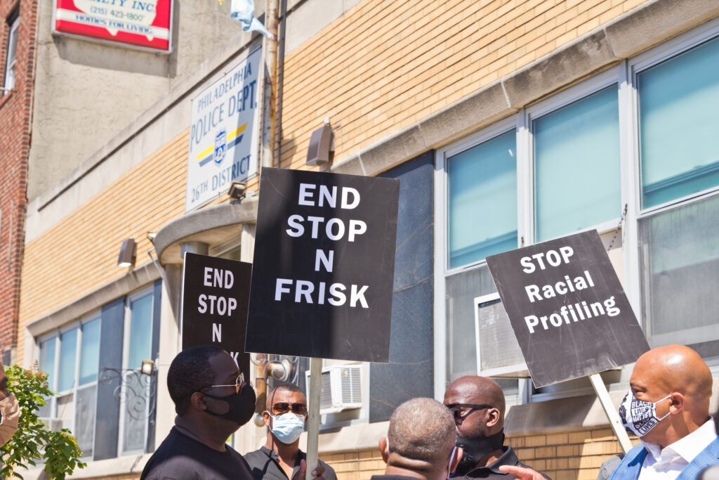 2020 7 14 k paynter stop and frisk protest Community groups working against violence in the city of Philadelphia protested stop-and-frisk outside the 26th Police District in Fishtown. (Kimberly Paynter/WHYY)