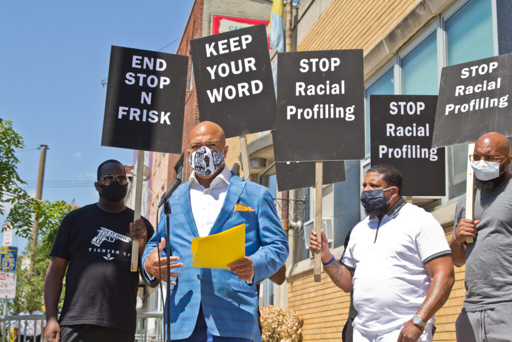 2020 7 14 k paynter stop and frisk protest-2 Will Mega of the Human Rights Coalition 215 stood with other activists outside Philadelphia Police’s 26th district precinct to demand an end to stop-and-frisk policies in the city. (Kimberly Paynter/WHYY)
