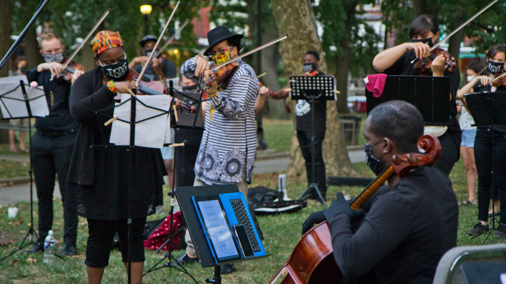 2020 7 15 k paynter vigil elijah mcclain-3 Members of Philadelphia's music community performed at a vigil for Elijah McClain, a violinist who was killed by police in Colorado in June. They performed 'Molto Adagio' (Lyric for Strings) from String Quartet No. 1 by American composer George Walker. (Kimberly Paynter/WHYY)