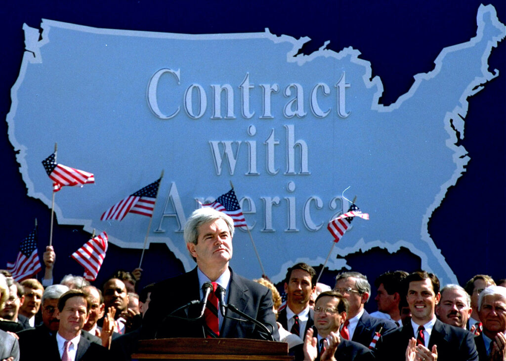 Congress Rdp Shutdowns Glance In this Sept. 27, 1994 photo, then-House Minority Whip Newt Gingrich of Ga., pauses while speaking to Republican congressional candidates on Capitol Hill during a rally where they pledged a